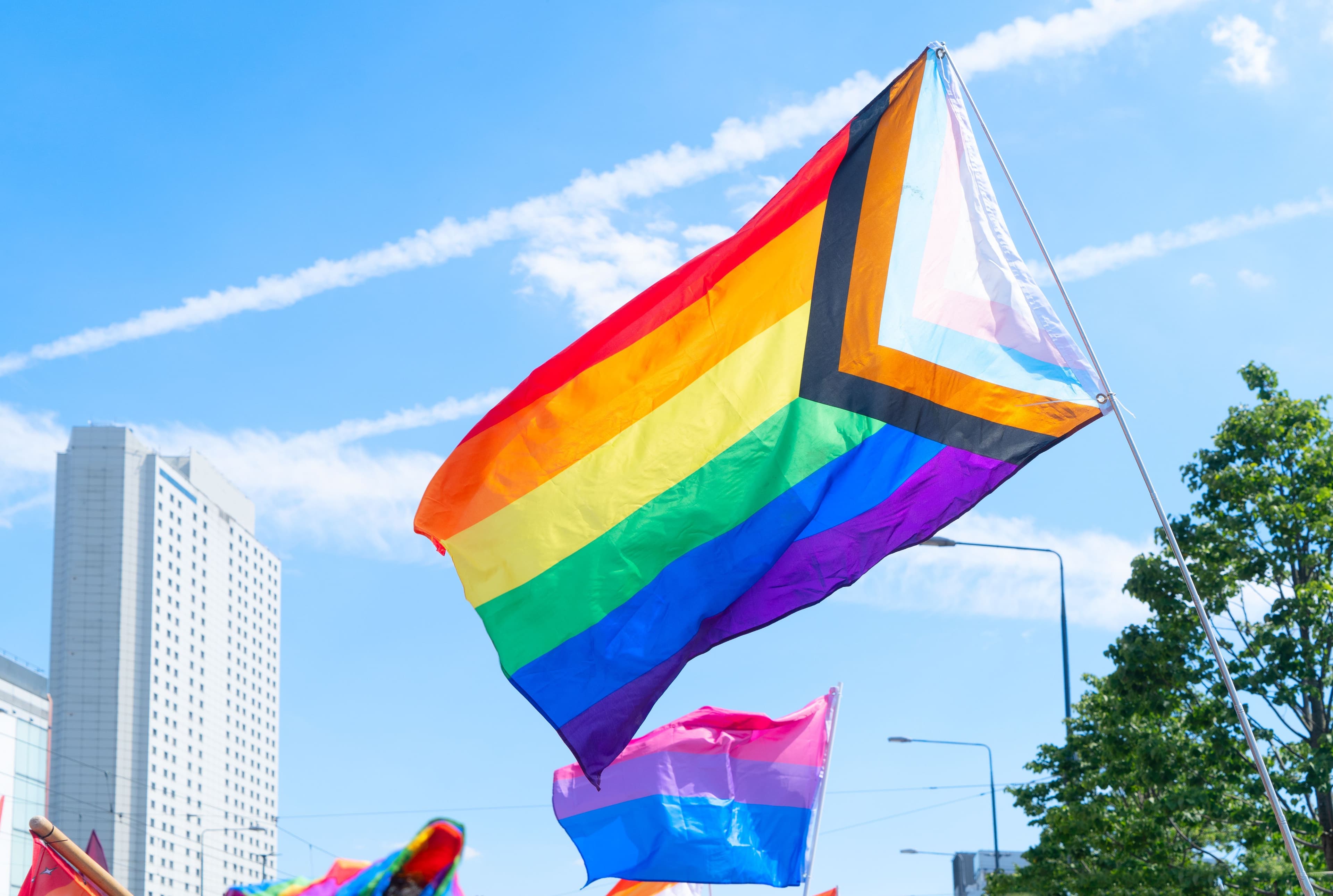 Various pride flags waving in the air at a pride parade, including the bisexual flag and the progress pride flag.