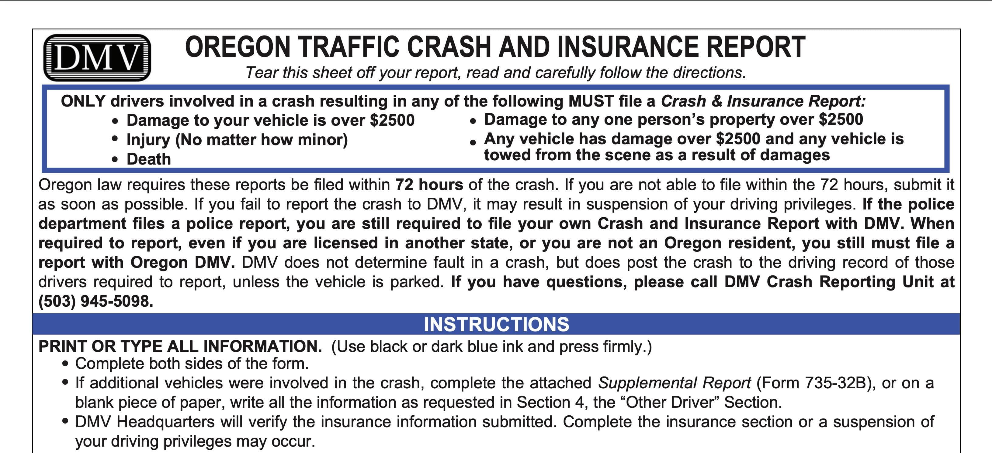 The first page of an official Oregon crash report.